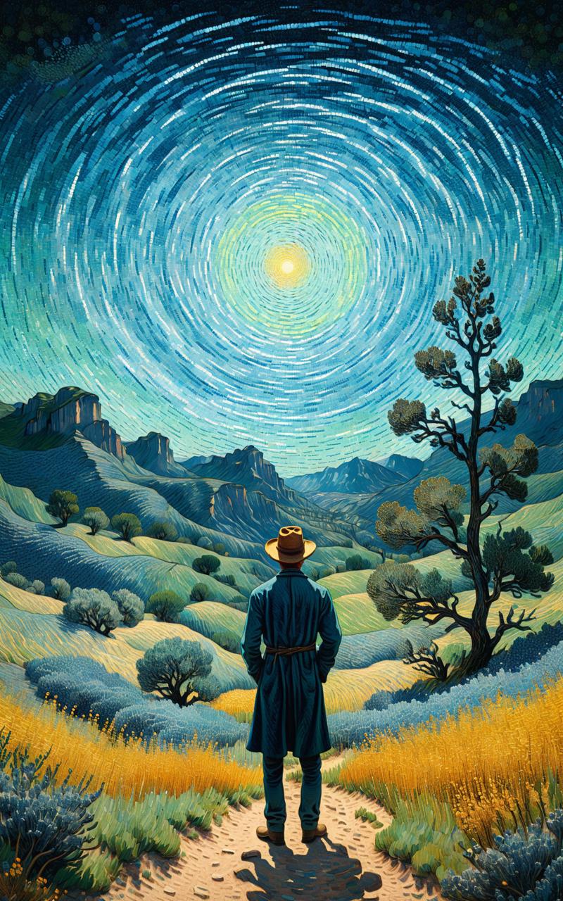 06341-3842094643-A man stands in the wilderness, blue dot light spinning, Vincent van Gogh's painting style, pointillism style, magnificent lands.png